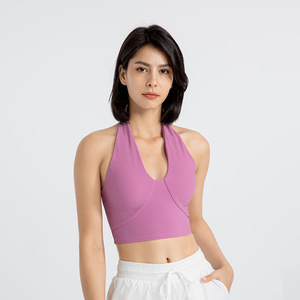 Women Ribbed Halter Crop Tank <b>Top</b> Deep V Neck Built In Padded Slim Yoga <b>Top</b> <b>Low</b> Impact Gym Workout Fitness Vest Wholesale - Product Image 1