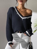 Stocks usine hiver Preppy Style femmes décontracté col en V motif ample pull pull avec 5 perles tenues tricotées pour dames