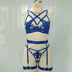 Wholesale Floral Lace Light 3Pcs Set Cut Sheer Bra <b>Thong</b> Multi-Strap Garter Belt Thigh Cuffs Women Sexy Breathable Nightwear OEM - Product Image 5