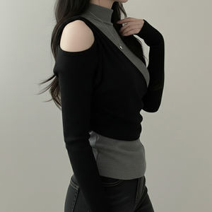 Haut en tricot superposé décontracté pour femmes, couleur contrastée, col montant, manches longues, coupe ajustée, découpe sur l'épaule - Product Image 6