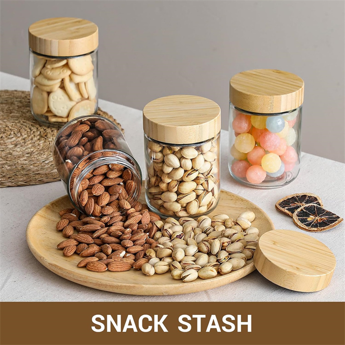 Wholesale Recyclable Clear Glass Storage Jar for Kitchen Hot Sale Food Storage with Plastic Wooden Lid for Olive Oil Baby Food