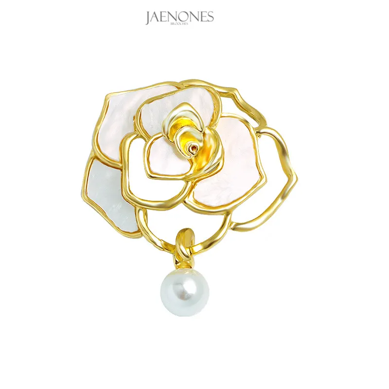JAENONES Factory Fashion Custom Enamel Alloy Luxury Pearl Flower Brooch Rose Gold Brooch For Women