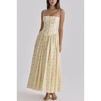 Nouvelle Robe Corset Plissée Mi-Longue à Bretelles Fines et Col Carré Taille Haute à Motifs Floraux pour Femme, Idéale pour les Fêtes à la Plage