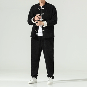 خصم 10% على طقم رجالي من قطعتين مقاس <span class=keywords><strong>M</strong></span>-5XL، سترة بياقة عالية من القطيفة المضلعة مع بنطلون، طقم بتصميم صيني عتيق مع أزرار - Product Image 5