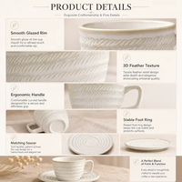 Ensemble tasse à café et soucoupe en céramique rétro à motif plume, mug en porcelaine haute température, glaçure artisanale rétro pour la maison, le bureau et le café