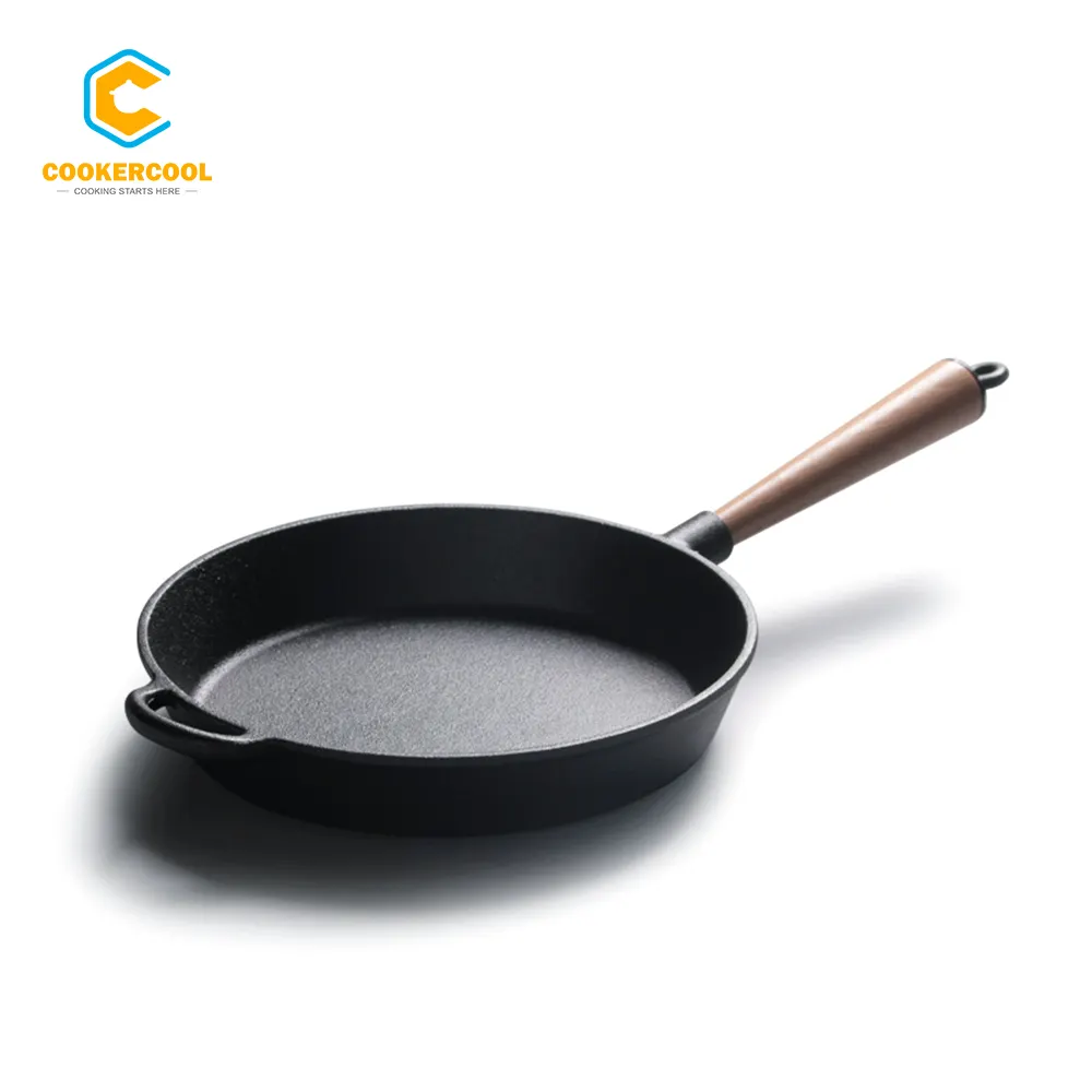 Cookercool New design Pre-Seasoned Cast Iron Round Skillet Frying Pan with Wooden Handle