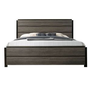 Wood Grain <b>Double</b> <b>Bed</b> Dark Gray Platform <b>Bed</b> Frame With Raised Headboard For Adults And Elderly - Product Image 5