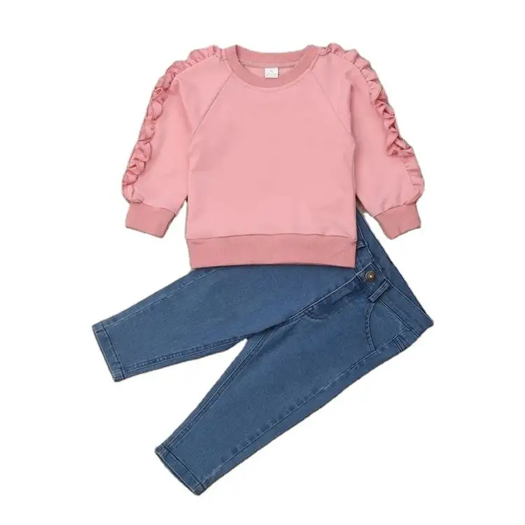 最新デザインブティックキッズ女の赤ちゃん服快適で通気性のあるセット子供秋の服スウェットシャツジーンズセット