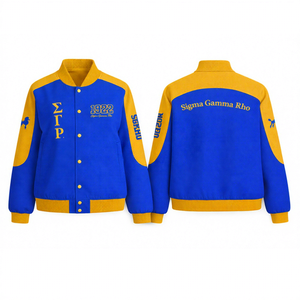 เสื้อแจ็คเก็ตผ้าฝ้ายทวิลล์ทรงนักแข่ง สไตล์ Sigma Gamma Rho SGR สำหรับชมรมนักศึกษาหญิง  แบบคอตั้ง สีบล็อก - Product Image 1
