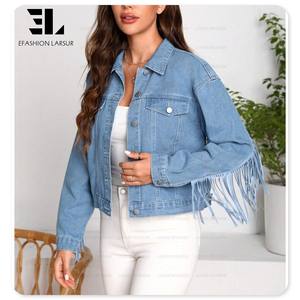LARSUR Custom factory ladies cotone saia <span class=keywords><strong>fringe</strong></span> rifinitura a maniche lunghe giacca <span class=keywords><strong>crop</strong></span> in denim abbottonatura shorts giacca jeans cappotto da donna - Product Image 4