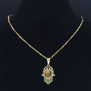 Collier pendentif vintage en acier inoxydable avec pierre œil de tigre, bijou spirituel, <span class=keywords><strong>protection</strong></span>, méditation, Hamsa, œil maléfique, paume - Product Image 3