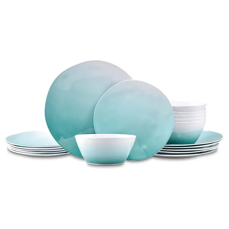 18 pièces de vaisselle en mélamine, turquoises, pour 6 assiettes d'extérieur et bols, nouveau motif délicat