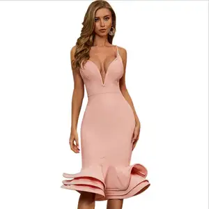 Wholesale Women's Evening Dresses 2021 Autumn New Style Ruffled Fashion Sexy Deep V-Neck Cocktail Slimming Party Ball Gown Dress