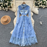 Robe longue décontractée WIWT élégante pour femme, en dentelle verte, à manches longues, coupe trapèze, avec ceinture et col chemise boutonné, idéale pour les fêtes et le quotidien