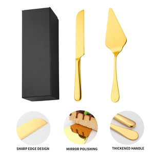 Golden Cake Knife And Spatula <b>Set</b> 2-Piece Stainless Steel Mirror Polished For Wedding Party <b>Baking</b> Tools - Product Image 1