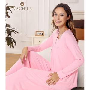 Ensemble de pyjama pour femmes à manches longues personnalisé, coupe confortable, viscose bambou, pantalon de nuit avec poche, tricot doux, 2 pièces - Product Image 5