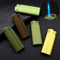 Briquet à flamme bleue en gros, en métal, coupe-vent, rechargeable au butane, design épuré, accessoire pour fumeurs
