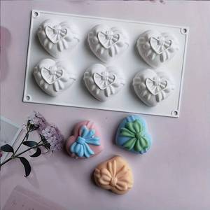 6-cavity silicone bow-shaped heart mousse chocolate, pudding, <b>baking</b> mold <b>set</b> -- Multifunctional French heart-shaped cake for - Product Image 3