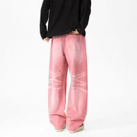 Pantalon long déchiré rose délavé à l'encre, coupe droite ample, style streetwear haut de gamme américain, pour hommes et femmes