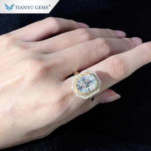 Nueva llegada personalizado antiguo largo Asscher Moissanite anillo de oro amarillo grabado a mano Milgrain halo anillo - Product Image 6