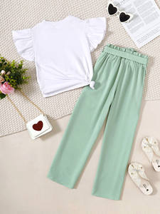 T-shirt à manches courtes et à volants peignés pour <span class=keywords><strong>fille</strong></span>, pantalon, ensemble 2 pièces avec <span class=keywords><strong>ceinture</strong></span> et nœud, ensemble décontracté de vêtements pour enfants - Product Image 2