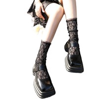 Kaus Kaki Setinggi Betis Tipis Berenda Warna Solid dengan Hiasan Bunga, Gaya Jepang JK Lolita 45cm, Kaus Kaki Slouch Nilon Bernapas untuk Musim Panas
