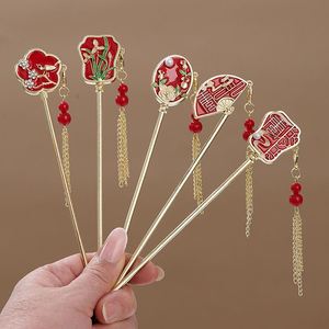 Horquilla para el pelo con borla roja y flor de perlas, elegante forma de abanico, estilo chino versátil, para fiesta Hanfu - Product Image 1