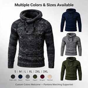 Pull à capuche en maille torsadée pour homme, en fil mélangé, col châle épais, fermeture boutonnée, cordon de serrage, OEM ODM, tricot sur mesure, faible MOQ - Product Image 3