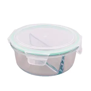 Wholesale cheap sale plastic lid high borosilicate round glass storage jar food container lunch box with divider for kitchen