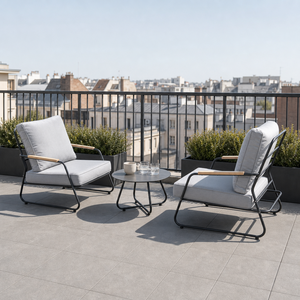 Ensemble <span class=keywords><strong>de</strong></span> chaises longues d'extérieur modernes et durables avec table ronde en acier et coussin gris pour balcon et <span class=keywords><strong>jardin</strong></span> - Product Image 4