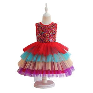 Girls' <b>Sequined</b> Tulle Dress O-Neck Ball Gown Multi Layer Color Block Flower Girl Costume Children's Day Party Wear - Product Image 5