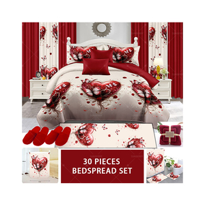 Parure de lit de luxe 30 pièces en coton style américain, motif Love, pour lit King Size, avec couvre-lit et rideaux - Product Image 1