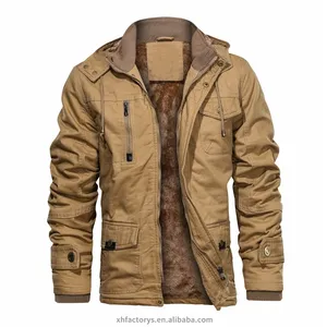 Men's Brown Khaki Bomber Zipper Winter Fleece lined Warm Coats Casual Pilot Jackets with detachable hood