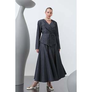 Puane Women's Elegant Navy Blue Two-Piece Skirt and Blouse Set with Shoulder Flap and Belt Detail, Modern Style for Various - Product Image 1