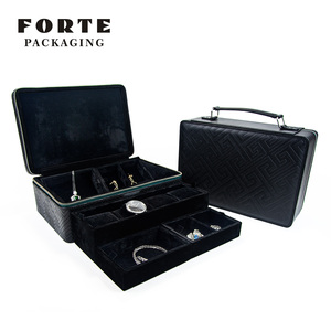 FORTE - Nuevas Cajas de Joyería de Piel Sintética Negra, Estuche Organizador de Viaje, Caja de Almacenamiento con Asa - Product Image 5