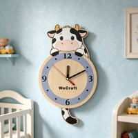 Jam Dinding Pendulum Kayu 12 Inci Jam Dekorasi Dinding Kamar Anak Motif Hewan Kartun Super Senyap Tanpa Suara Tik-tok untuk Kamar Anak