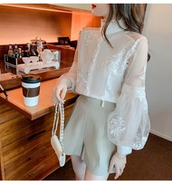 6380 #   Chemisier en Chiffon à Manches Lanterne Style Doux pour Femme, Broderie Florale, Blouse Blanche avec Empiècements en Maille, Haut Pur