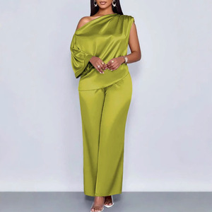 Ensemble décontracté en satin pour femme, style transfrontalier, avec haut à col asymétrique et pantalon, style européen et américain - Product Image 3