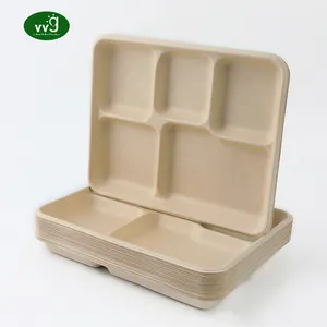 VVG Bagasse Dinnerware Plates Eco Friendly Bio Degradable Sugarcane Bagasse 5 Compartment Disposable Plate