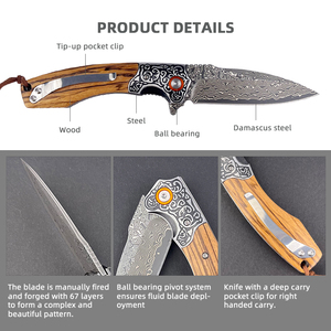 Venda quente Damasco Faca Bolso Forjado VG10 Damasco Faca Dobrável com Cabo De Madeira Faca Ao Ar Livre Personalizado - Product Image 3