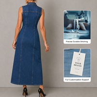 Robe longue en jean délavé personnalisée pour femme, style western, sans manches, col chemise, boutons bronze, poches à rabat, coutures princesse, fente évasée