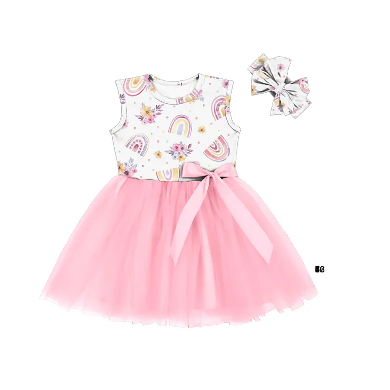 Cute children kids girl rainbow dress sleeveless tutu dresses for girls kids accept customization prints girls tulle dress