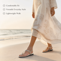 Sandales plates pour femmes à lanière en T avec anneau métallique, en similicuir PU souple, style moderne chic pour soirée et vacances, chaussures d'été, vente en gros