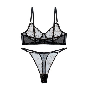 Ensemble de lingerie en maille transparente brodée en forme de cœur, nouveau modèle ultra-fin et respirant pour femme, soutien-gorge et culotte - Product Image 5