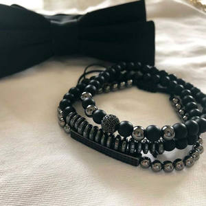 Conjunto de pulsera de cuentas de moda para hombre al por mayor pulsera larga OVNI Bola de circonita con incrustaciones de hematita mate negro - Product Image 4