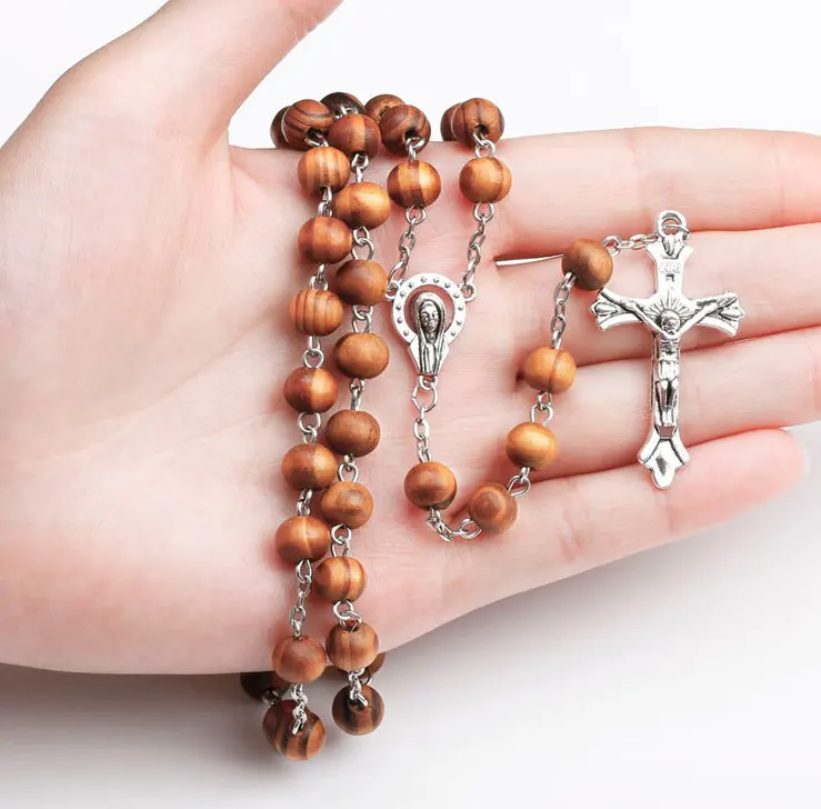 Großhandel Handgemachte Holz Kreuz Religiöse Ornamente Katholischen Rosenkranz Perlen Halskette