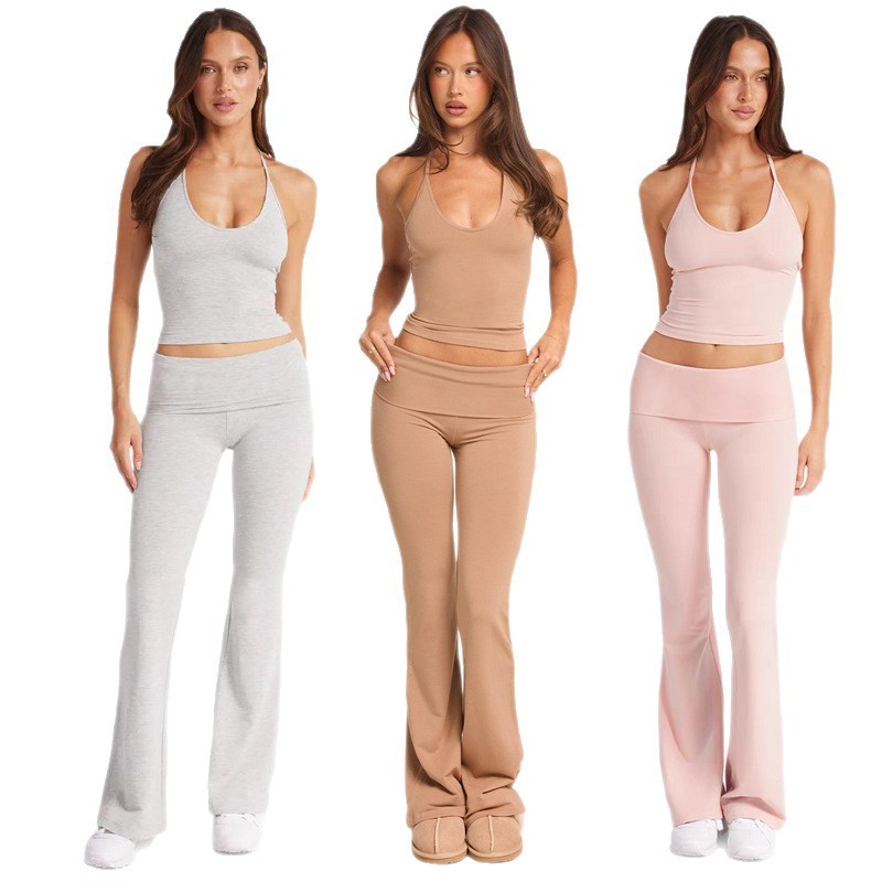 Foreign Trade Cross-Border Yoga Suit Women Chest Pad Neck Vest High Waist Naked Breathable Quick-Drying Sports Front Shorts
