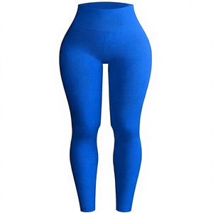 Conjunto de Yoga Azul de 3 Piezas: Leggings de Cintura Alta, Top Corto de Un Hombro, Ropa Deportiva Sin Costuras Acanalada, Color Sólido, Spandex y Poliéster - Product Image 2