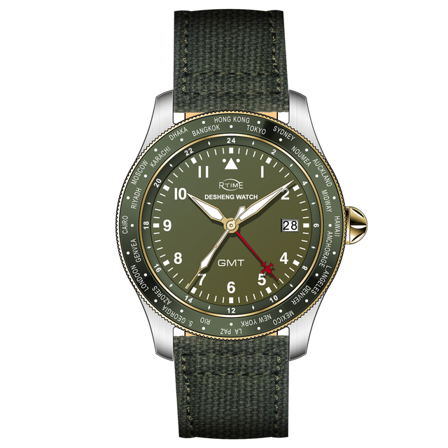 Stainless Steel case Ronda Quartz Movement Men Wrist Watch Sapphire Glass 50 Meter Water Resistant GMT Watch