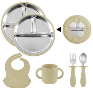 Vaisselle ronde pour enfants divisée en compartiments, assiettes en acier inoxydable pour bébé, manchons en silicone avec ventouses - Product Image 4